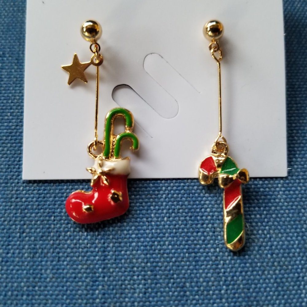 Mismatched Candy Cane Stocking Christmas Holiday Earrings - NWOT